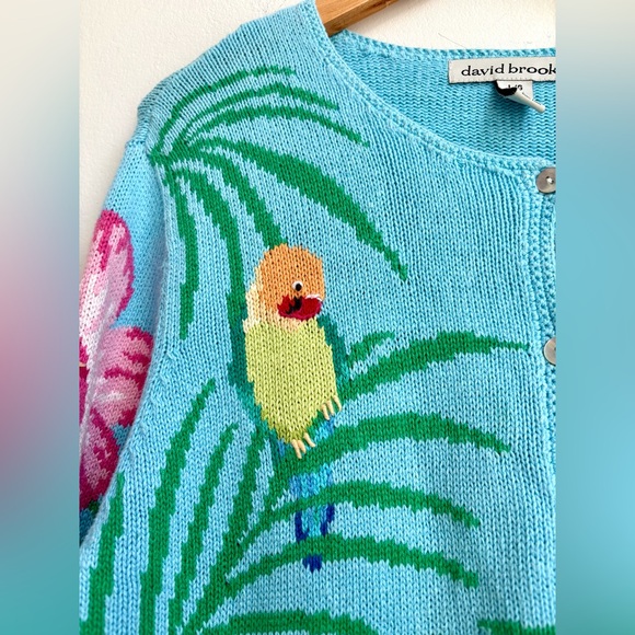 🦜 Vintage 90s David Brooks COLORFUL PARROT & Hibiscus Novelty Cardigan Sweater L - Picture 2 of 6